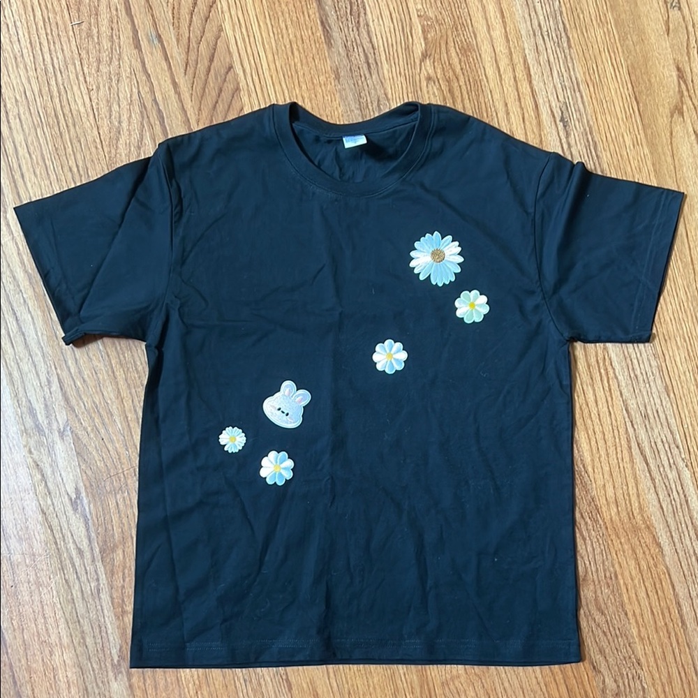 Black T-Shirt with Floral Patches